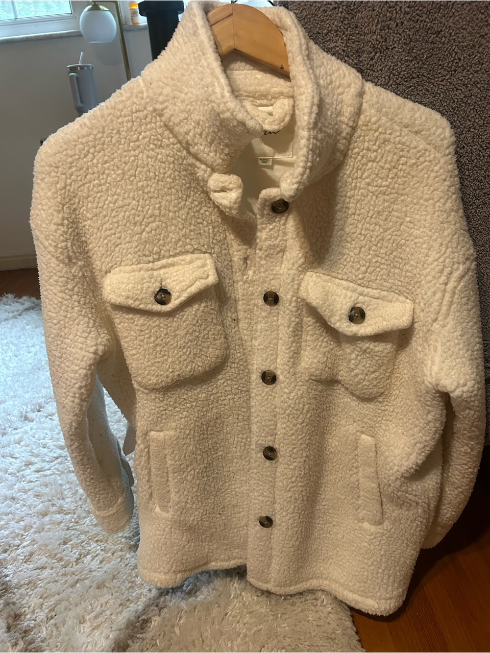 aerie Cream Sherpa Shirt Jacket with Chest Pockets